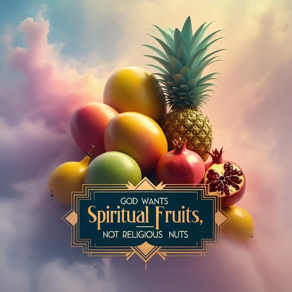 Picture of fruit in clouds with text God wants spiritual fruits not religious nuts